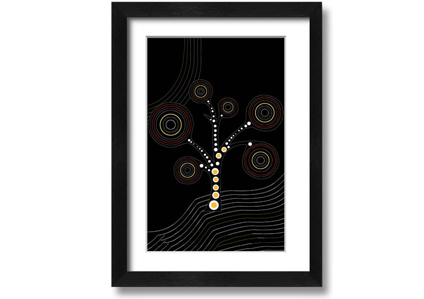 Framed Aboriginal Tree 2 print showcasing vibrant colors and intricate patterns, ready to hang.